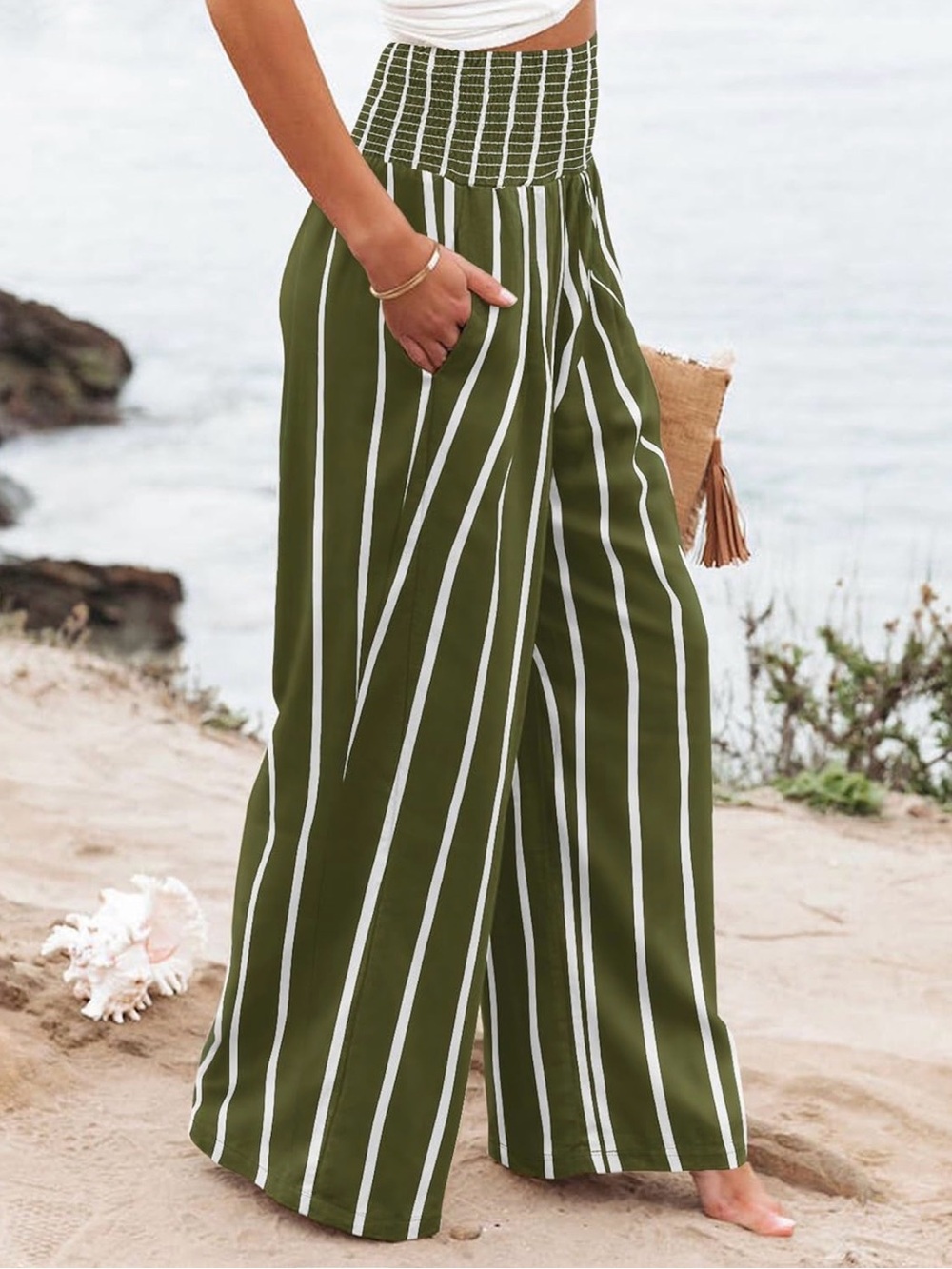 Amazon Olive Green and White Striped Wide-Leg Smocked Waist Pants